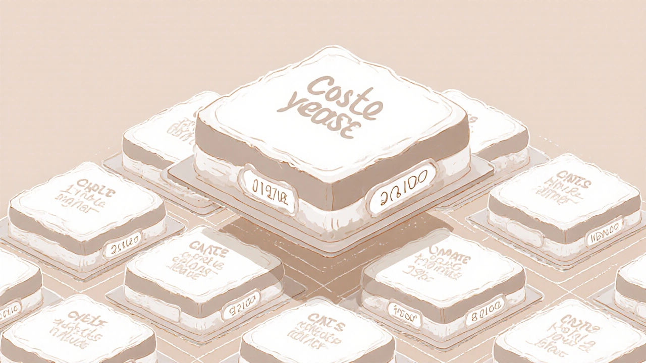 A single personalized cake name floating above rows of identical mass-produced cakes in a bakery.