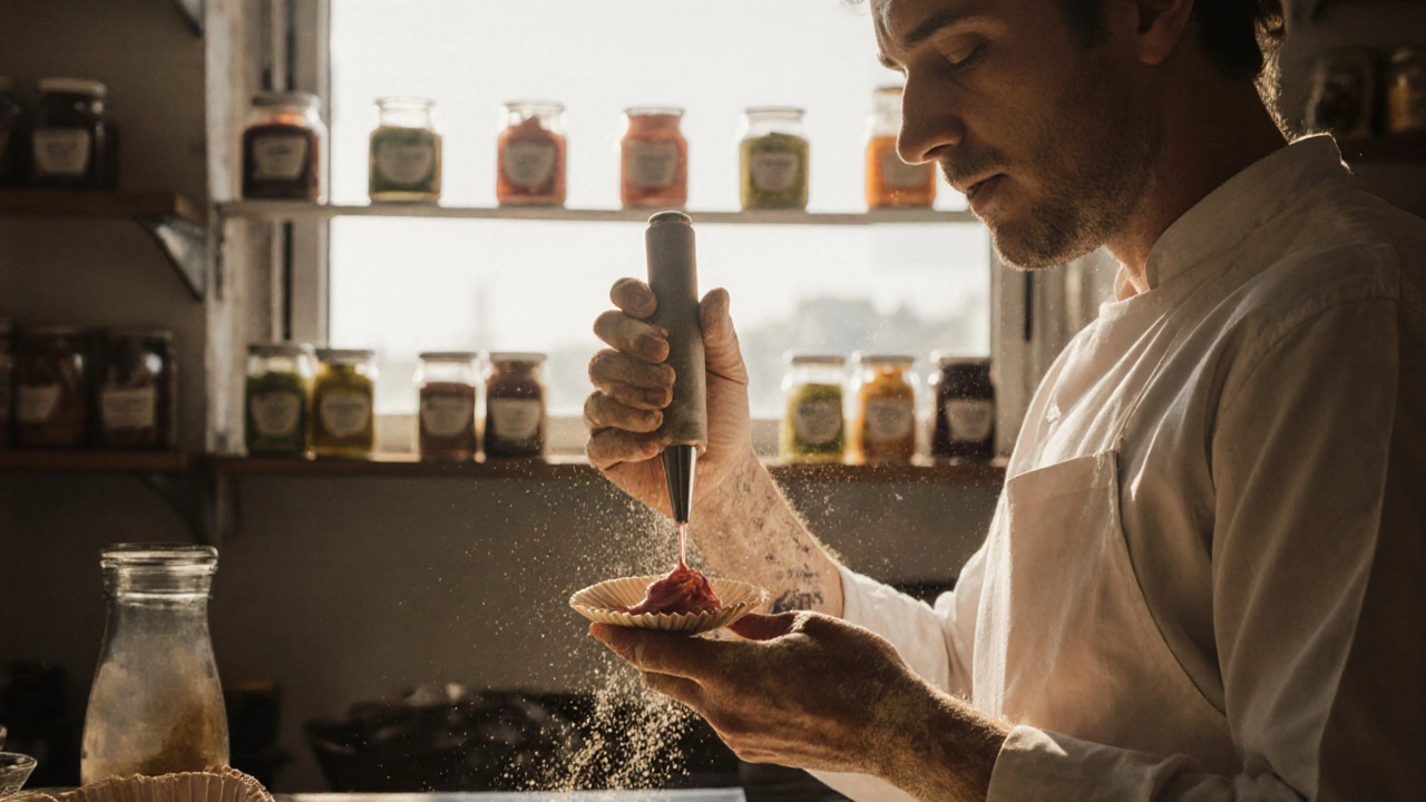 Baker piping filling between macaron shells in a seaside bakery with natural light.