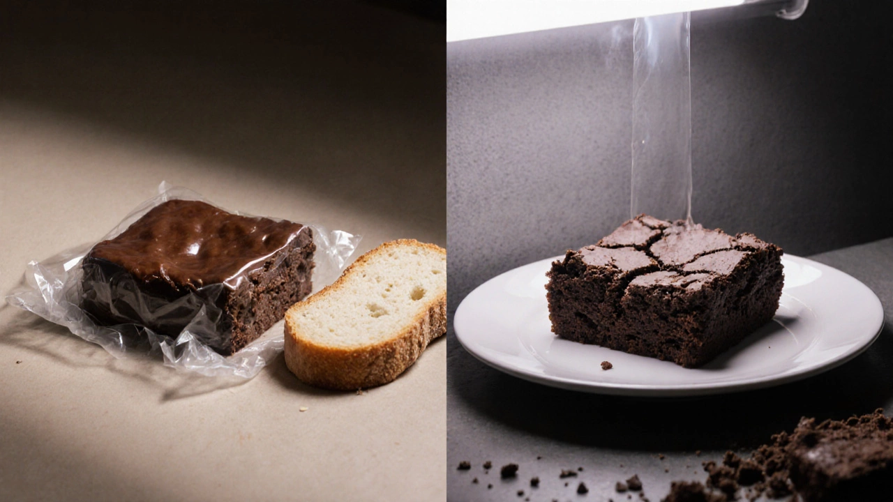 Brownie transforming from moist and glossy to dry and cracked over time.