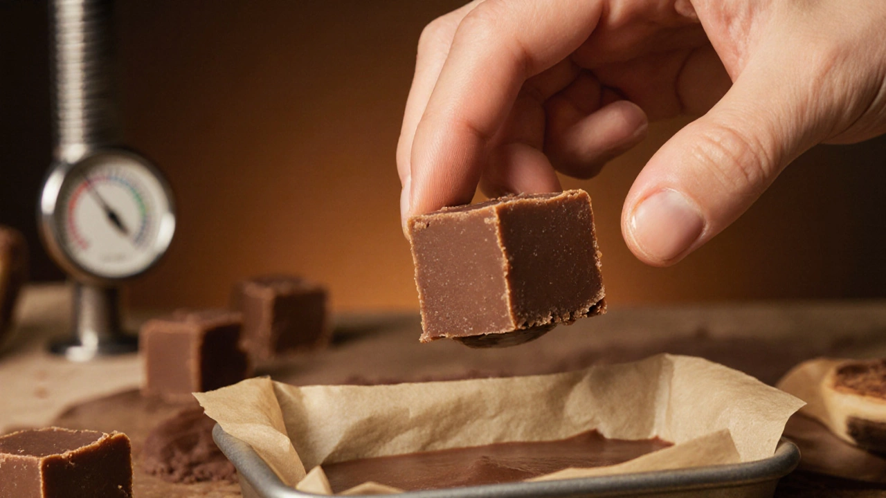 Fingertip gently pressing fudge surface, showing slow spring-back texture.