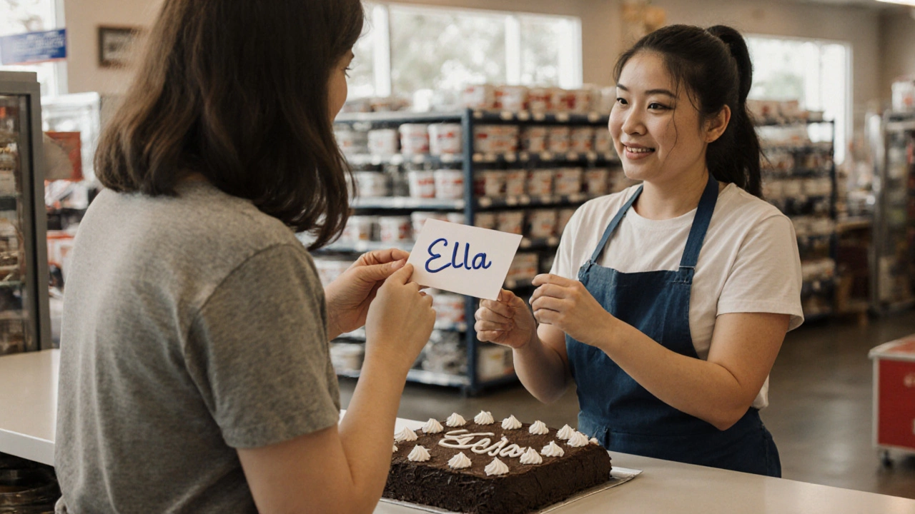 Mother showing a printed name card to a Costco bakery worker while picking up a customized cake.