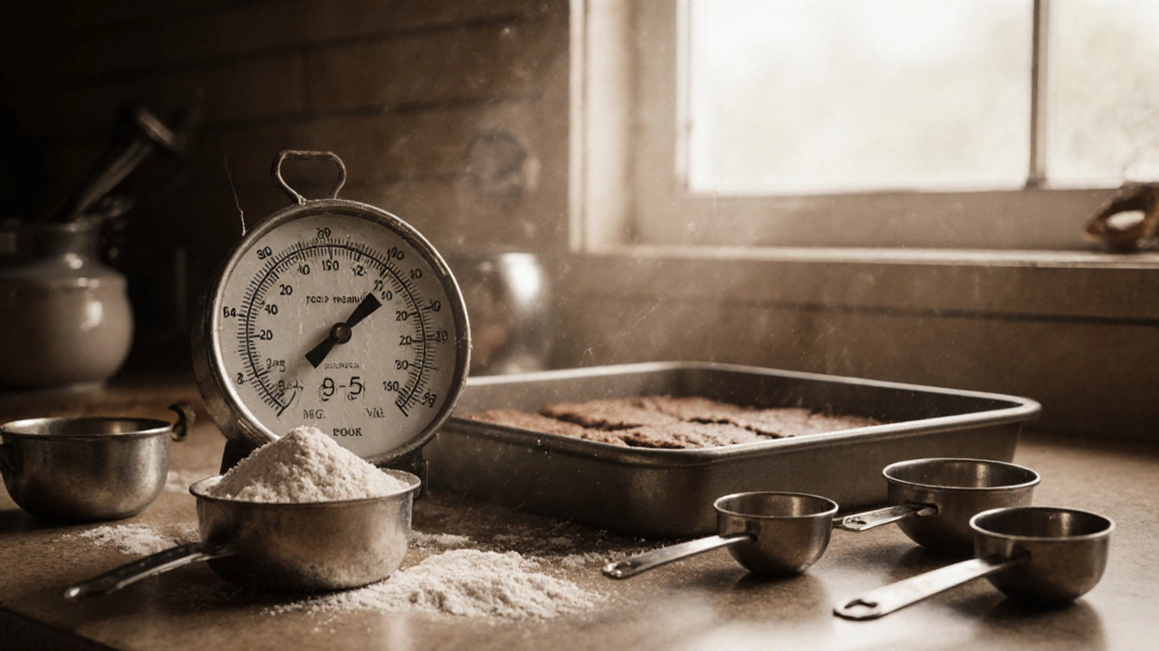 Oven thermometer showing higher temperature than dial, with flour measuring cups on counter.