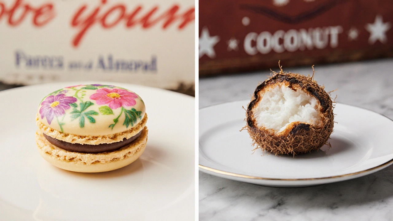 Side-by-side comparison of French macaron and coconut macaroon on porcelain plates.