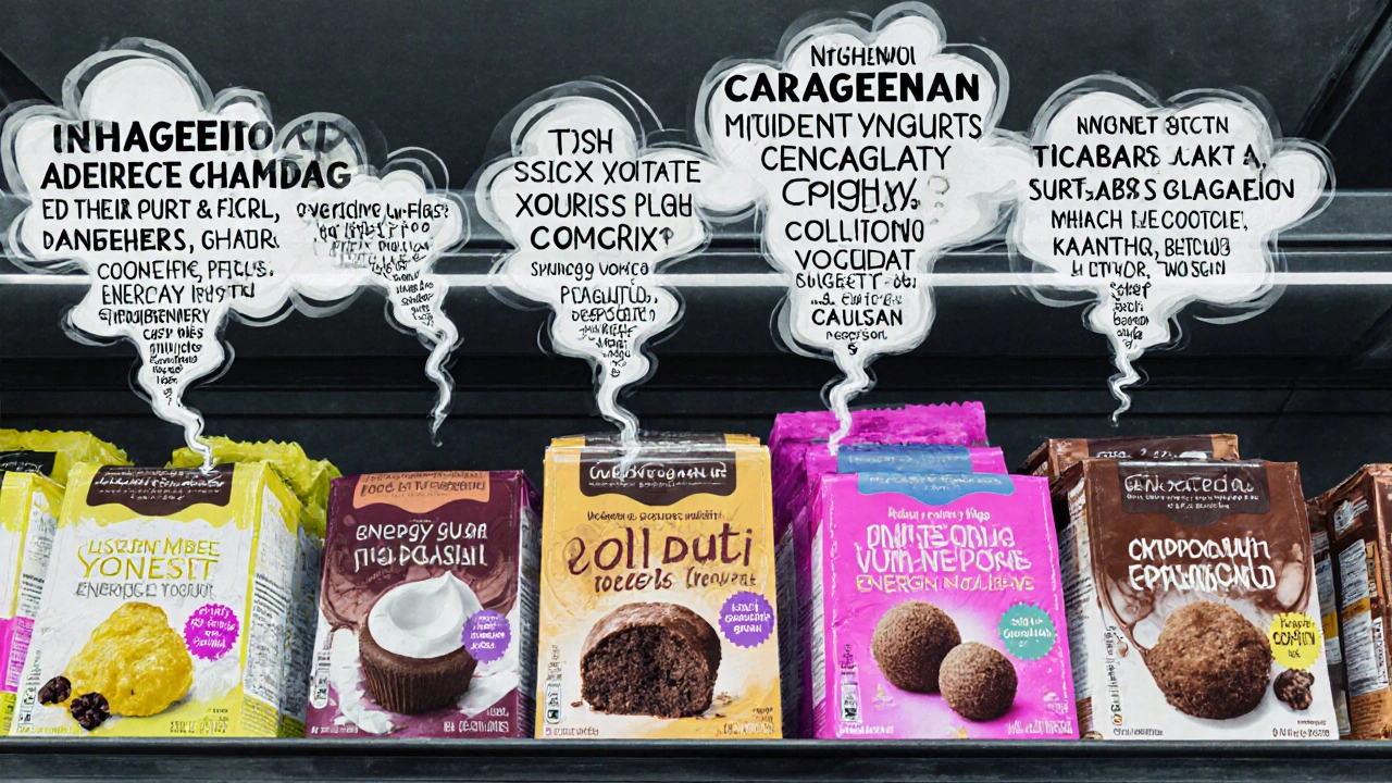 Supermarket shelves with vegan desserts and floating industrial ingredients like smoke.