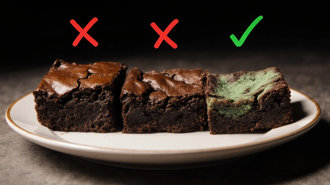 Three brownies showing fresh, stale, and moldy stages side by side for spoilage comparison.