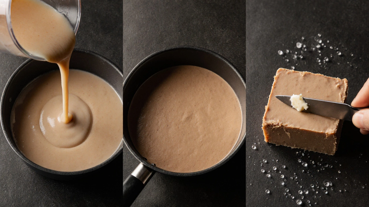 Three stages of fudge: pouring, setting, and slicing cleanly.