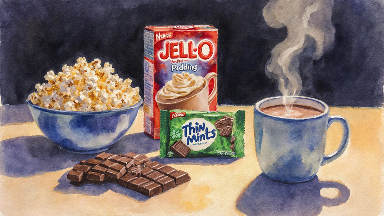 Watercolor kitchen counter with popcorn, pudding, cookies, and chocolate in warm dusk light.