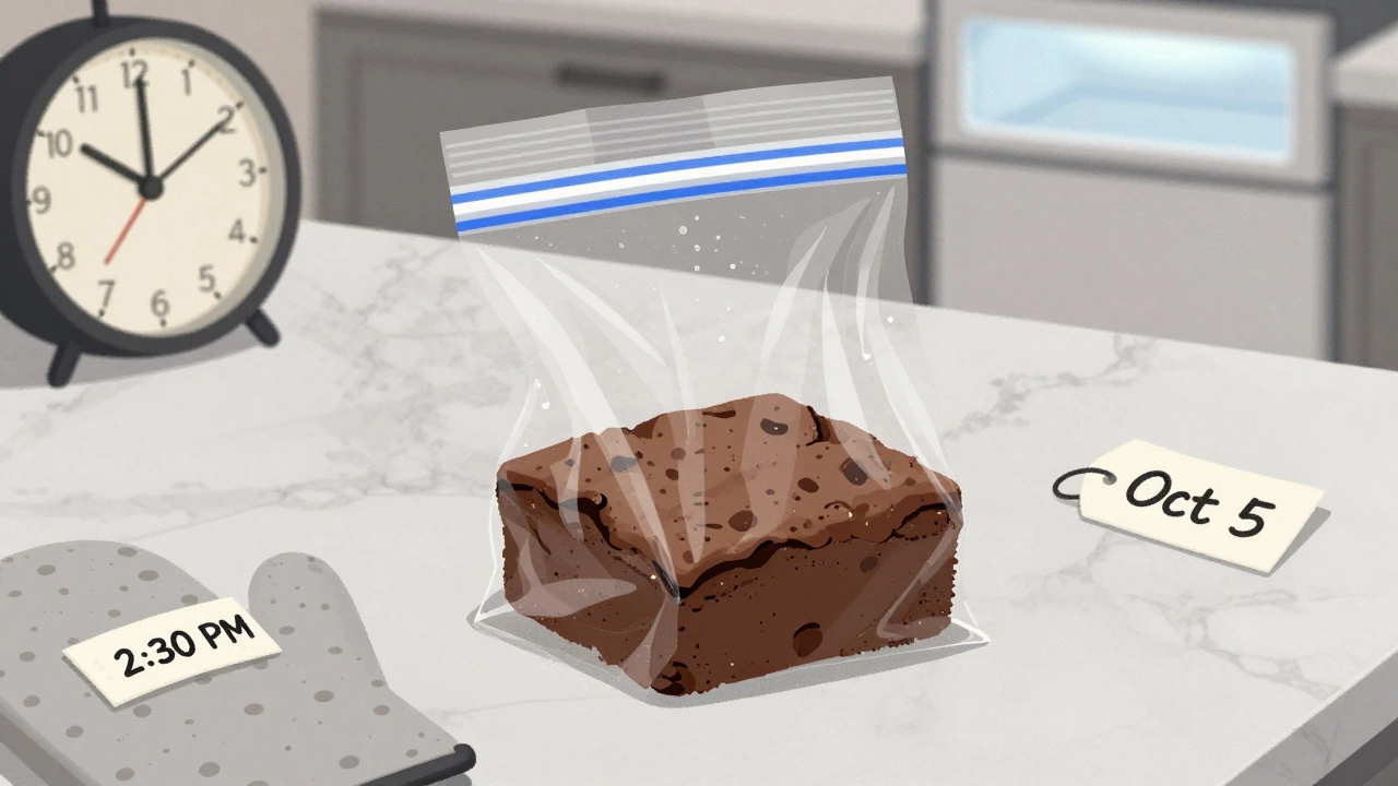 A brownie tightly wrapped in plastic wrap, ready to be stored in a freezer bag.