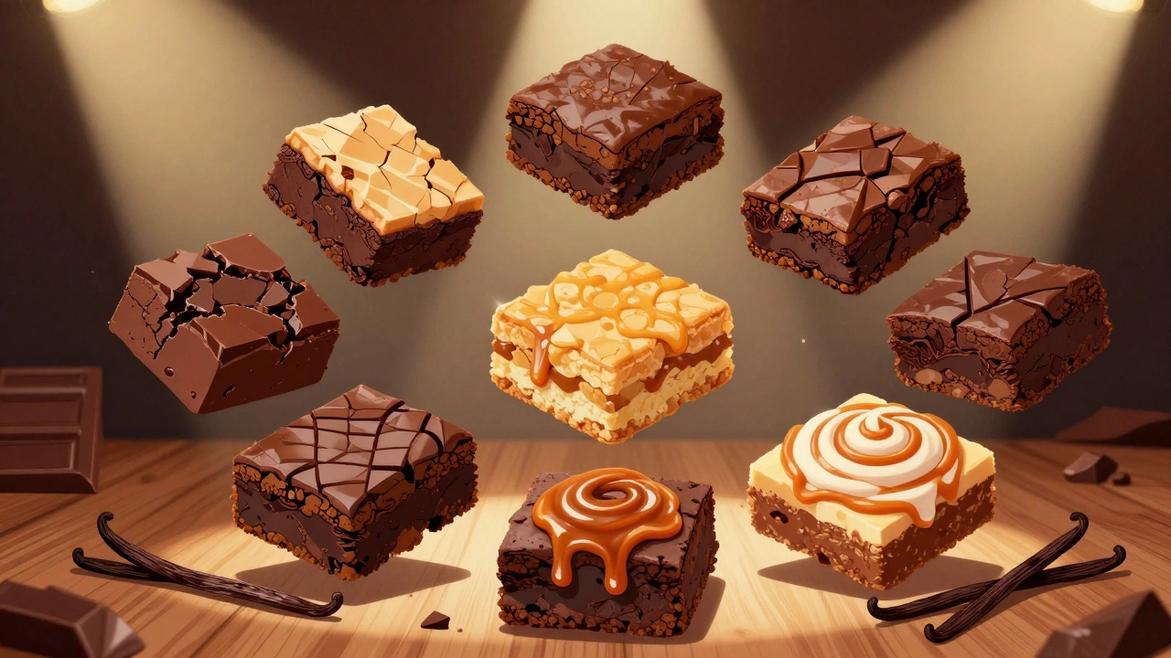 A circular arrangement of seven distinct brownie styles on a wooden surface.