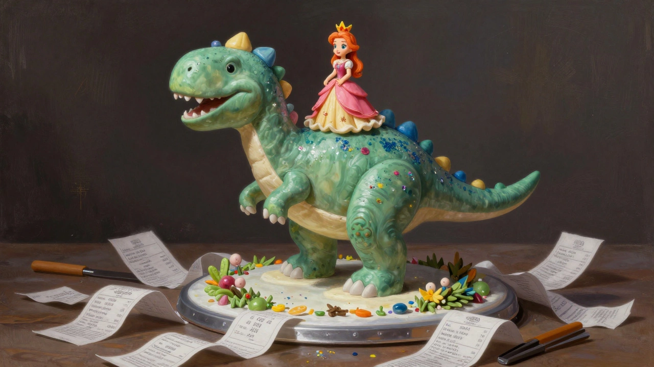 A detailed dinosaur-shaped custom cake floating above discarded supermarket receipts and baking tools.