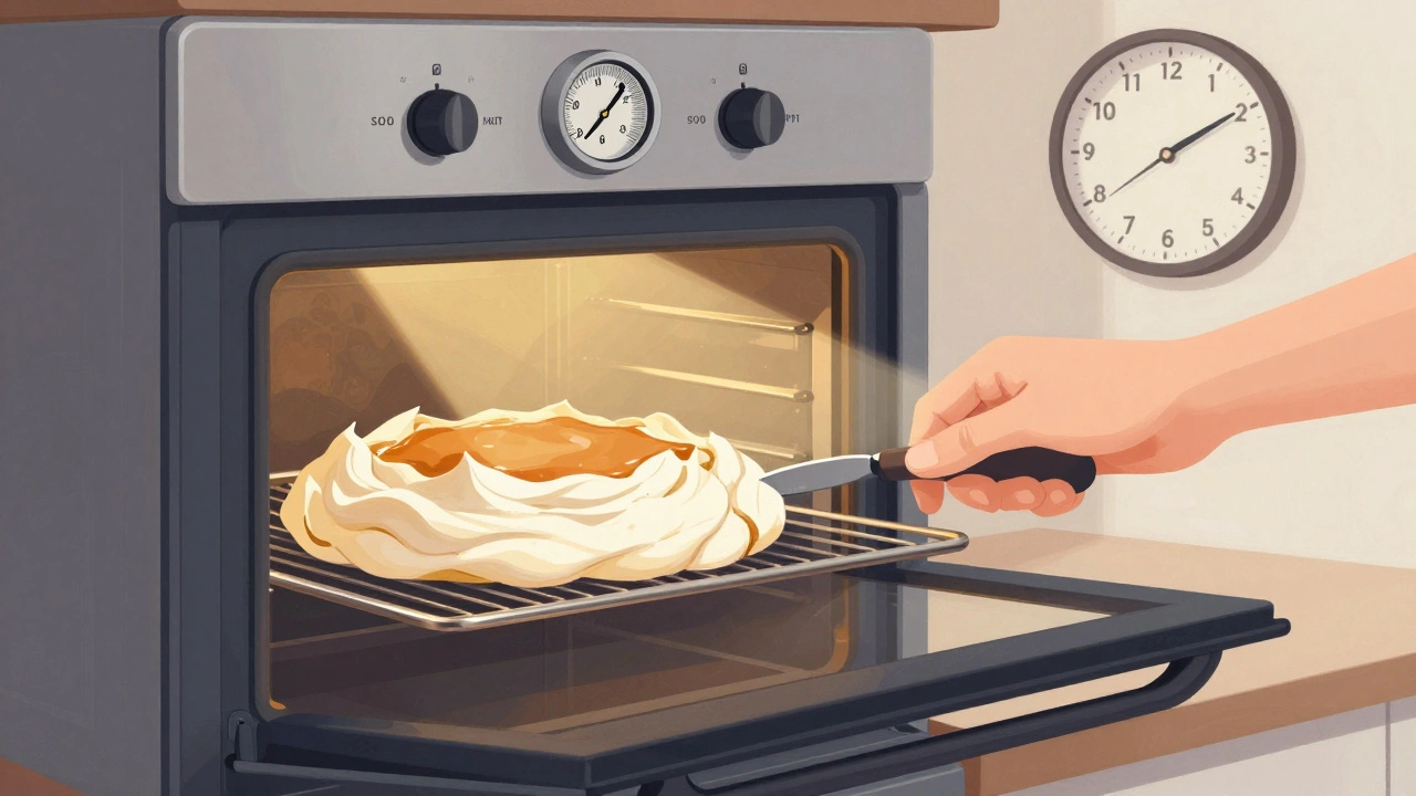A hand turning off an oven with a thermometer inside, suggesting slow cooling for perfect meringue.