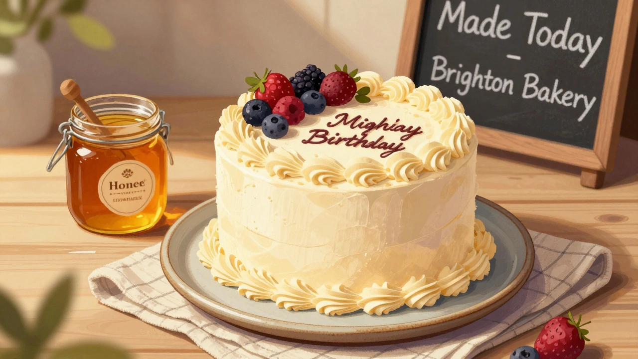 A handmade bakery cake with piped buttercream and fresh berries on a ceramic plate, warm lighting.