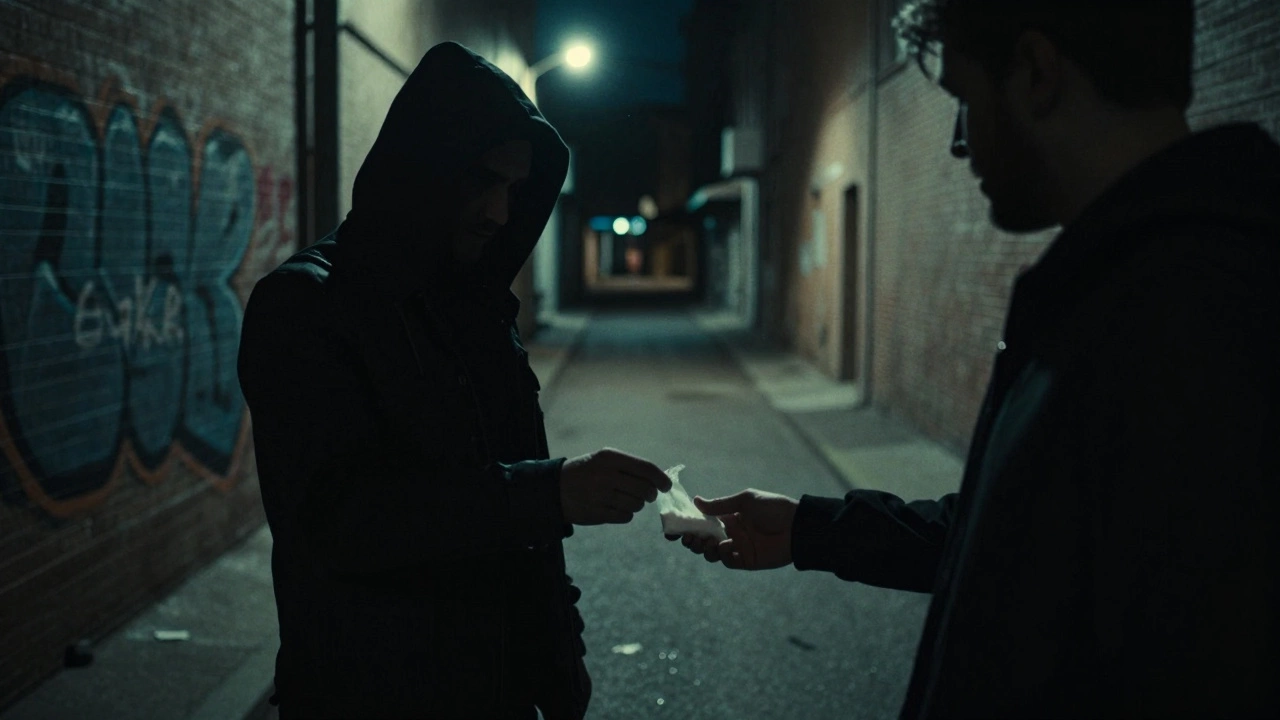 A shadowy figure in an alley handing a small bag under flickering streetlights.