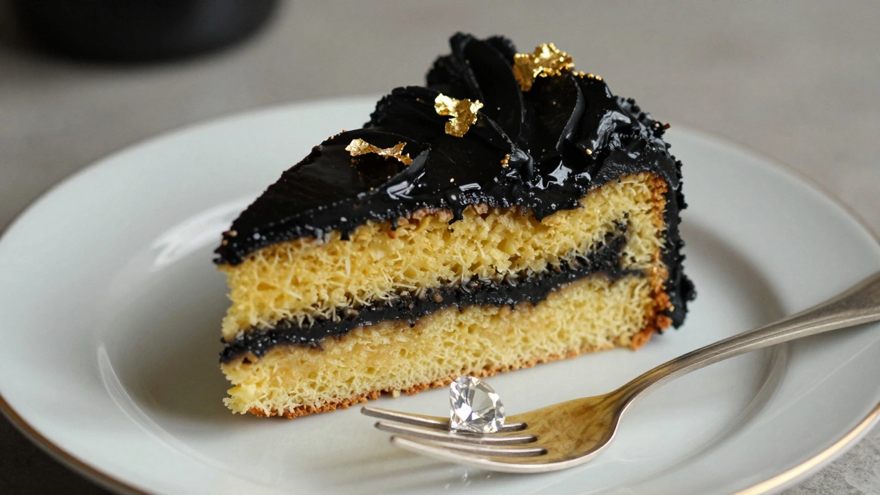 A slice of ornate cake with gold leaf and truffle buttercream, served on porcelain with a diamond beside it.