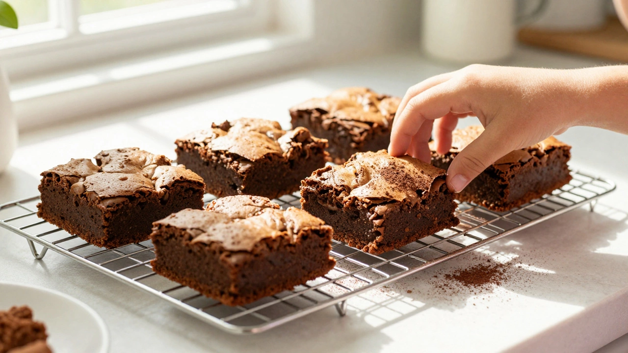 A tray of light, cakey brownies on a wire rack in a sunlit kitchen.