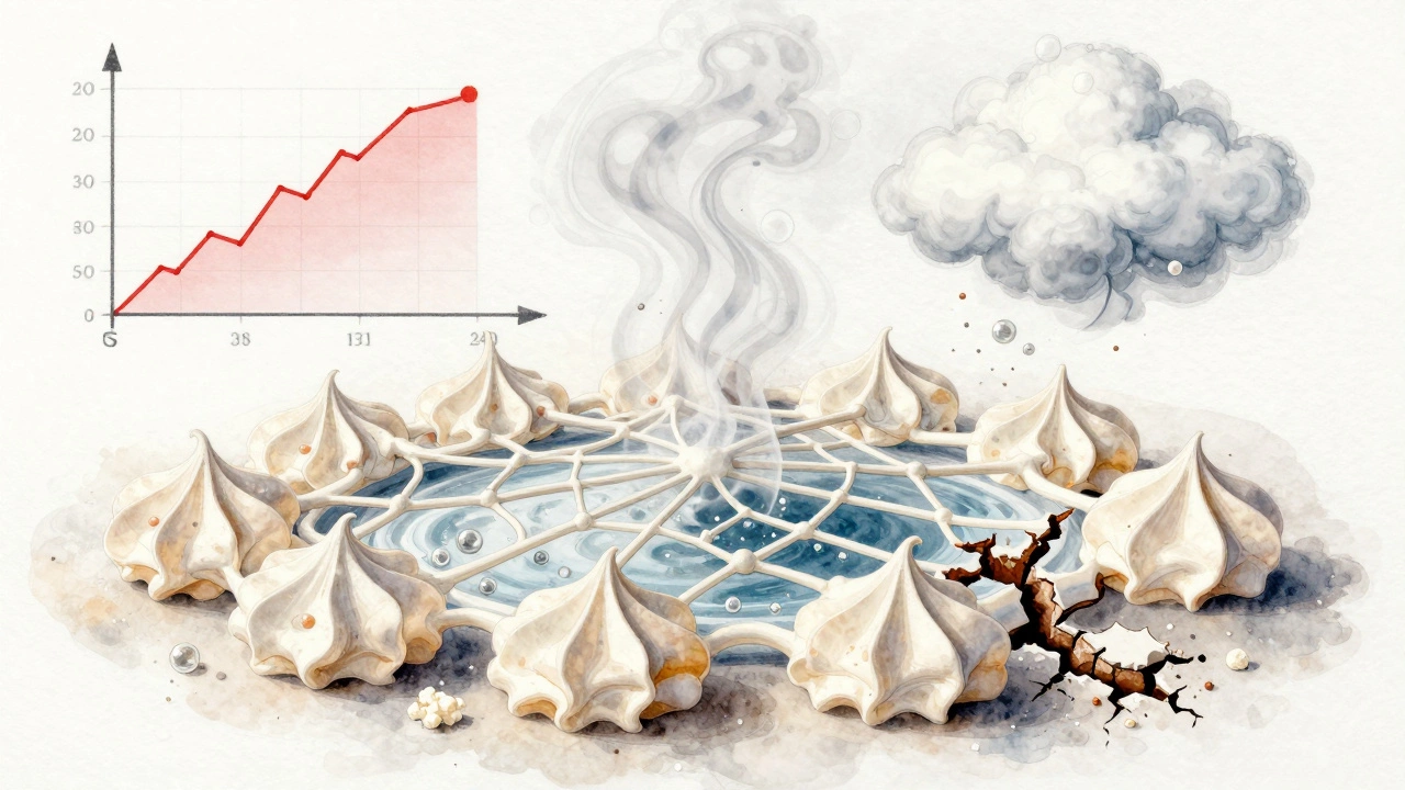 A watercolor illustration showing protein webs and steam stabilizing meringue structure.
