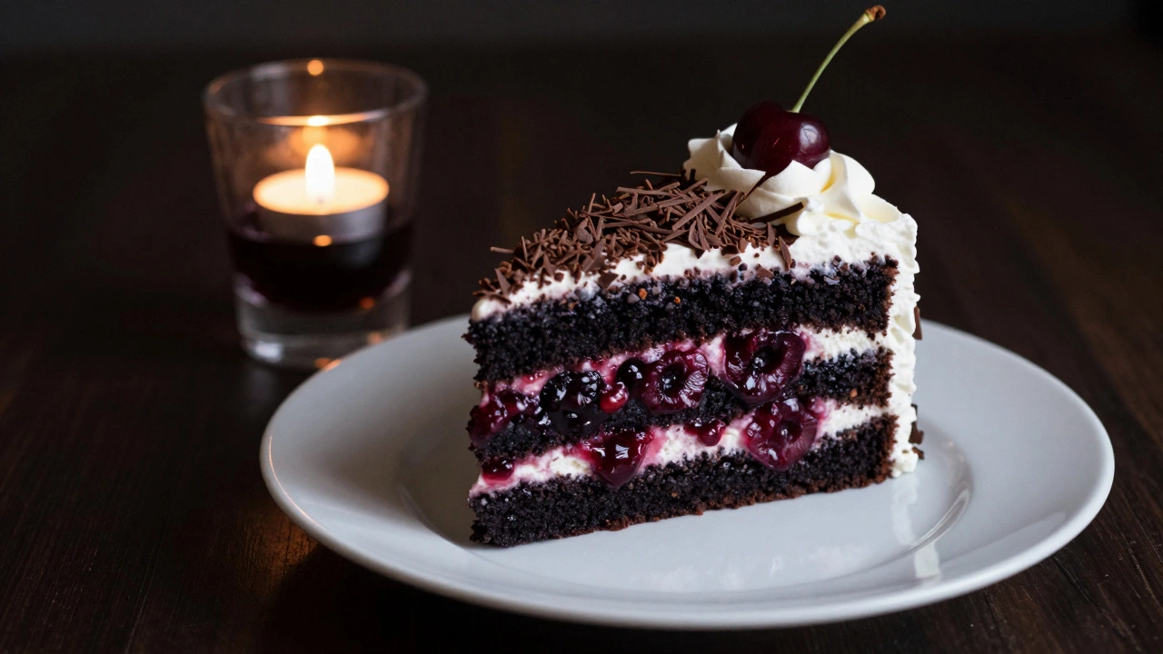 Black forest cake with cherries and whipped cream, paired with a glass of port and candlelight.