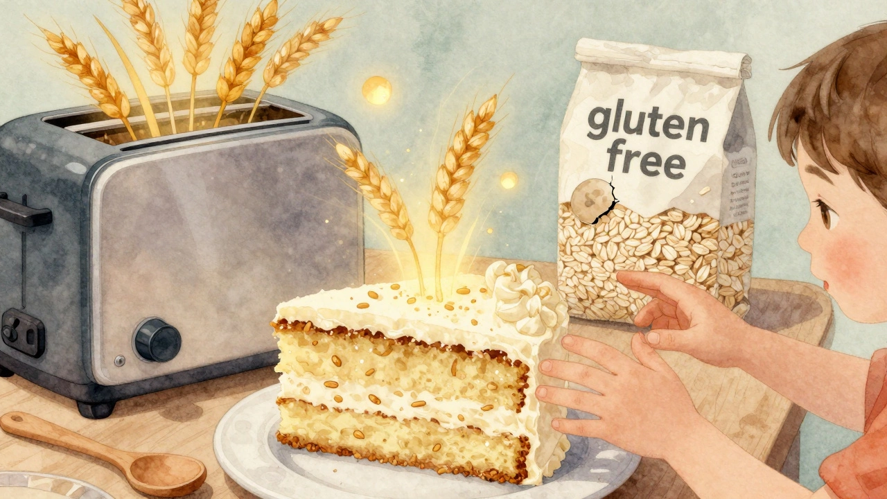 Child reaching for gluten-free cake as invisible wheat particles drift from contaminated kitchen items.