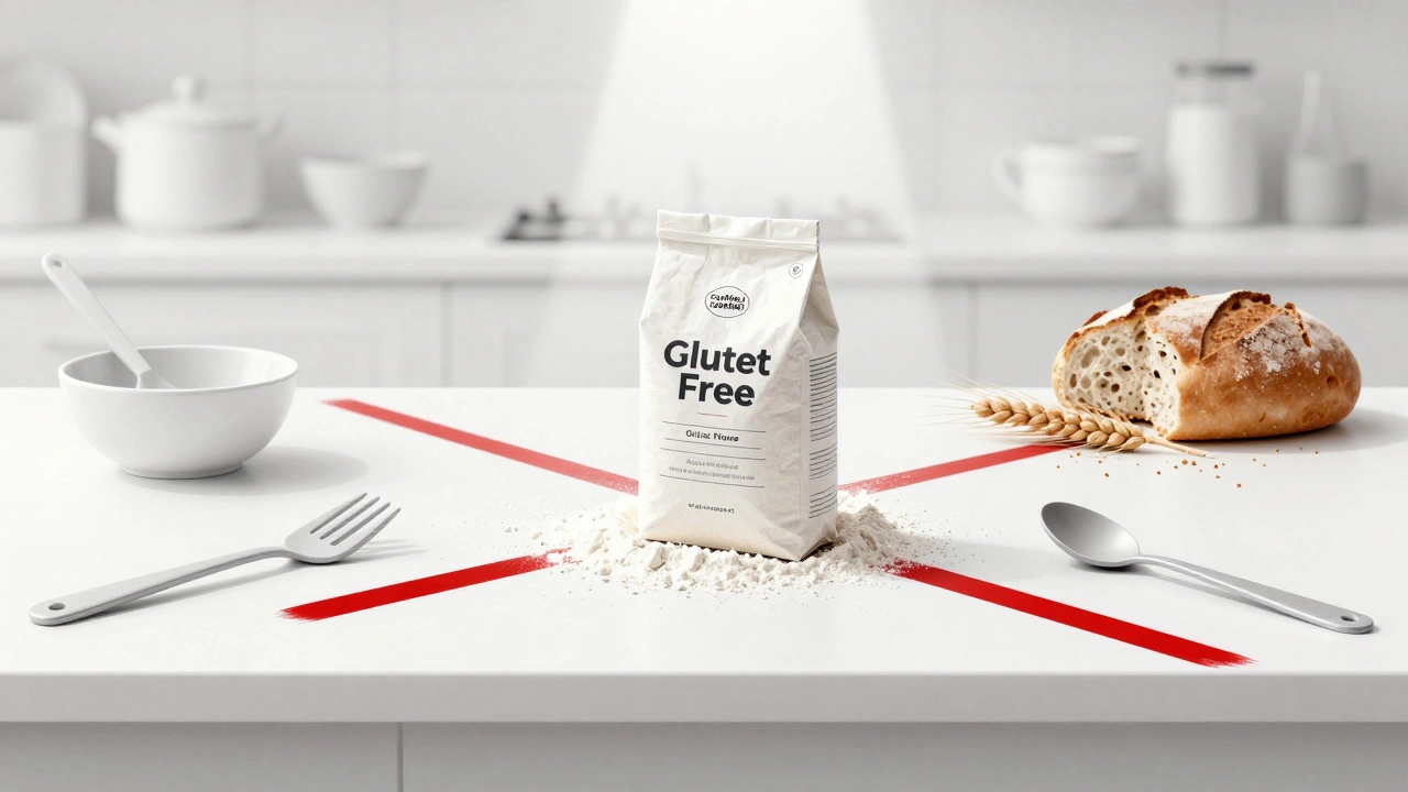 Clean gluten-free baking station versus cross-contamination lines in a stark, symbolic kitchen scene.