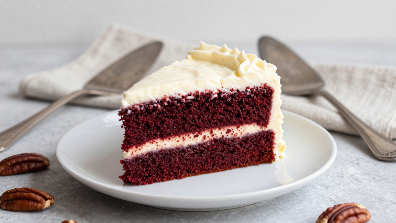 Deep red velvet cake with cream cheese frosting and pecans on a linen napkin.