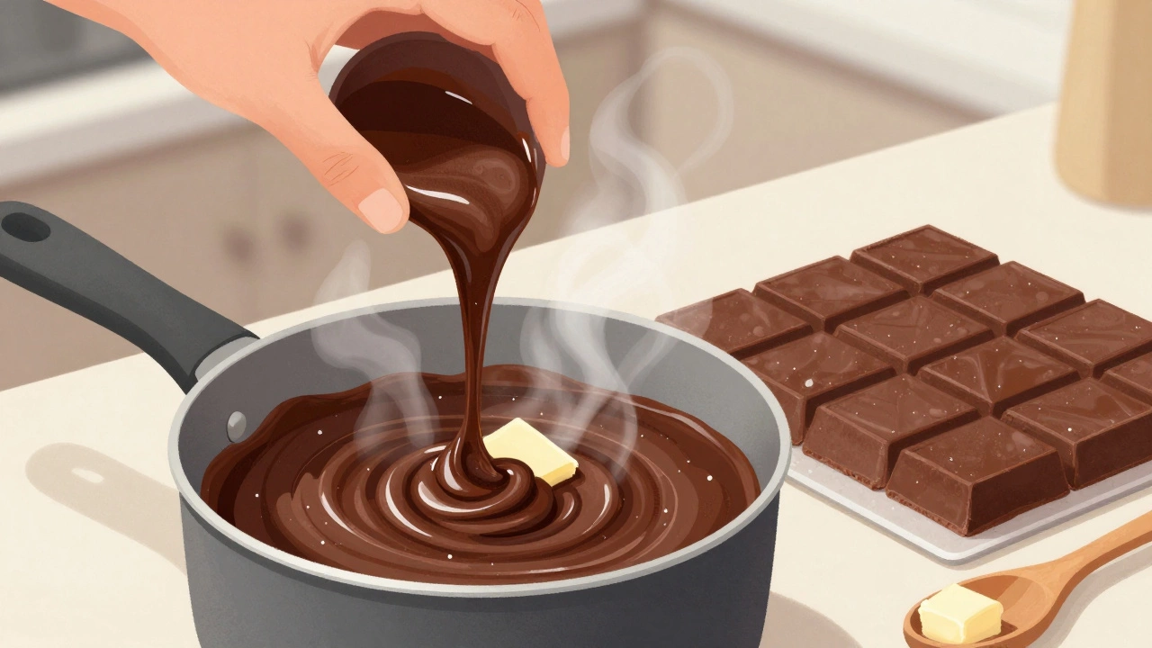 Hand pouring sweetened condensed milk into melted chocolate and butter to make smooth fudge.