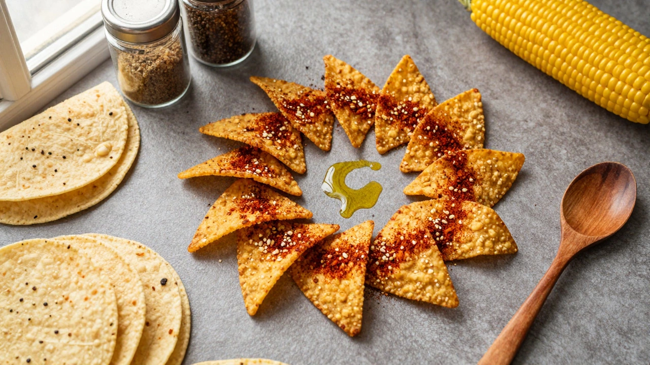 Homemade vegan tortilla chips arranged with spices and ingredients on a wooden surface.
