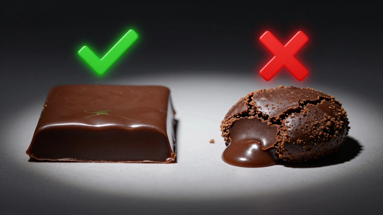 Perfect glossy fudge slab versus failed grainy batch in contrasting visual paths.