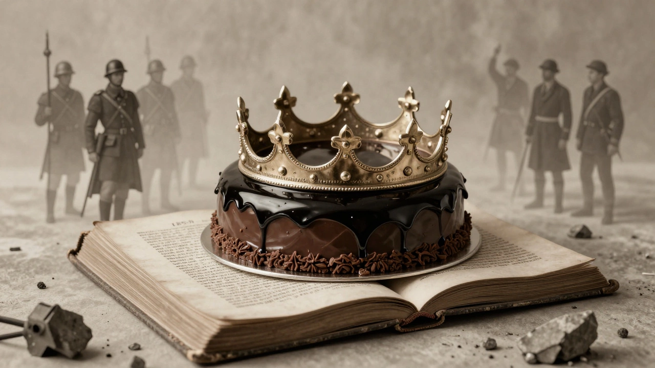Sachertorte as a crown resting on an old recipe book, surrounded by fading empires.