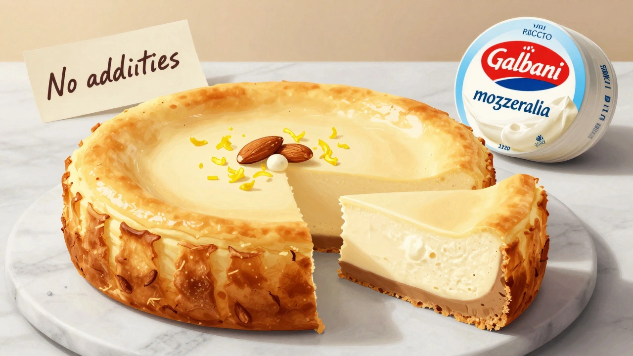 Sliced gluten-free cheesecake made with mozzarella, garnished with lemon zest and almonds.