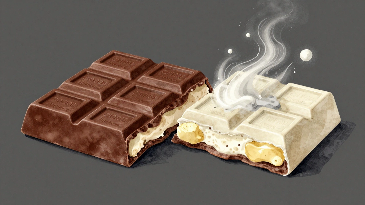 Split chocolate bar showing plant-based ingredients on one side and hidden dairy on the other.