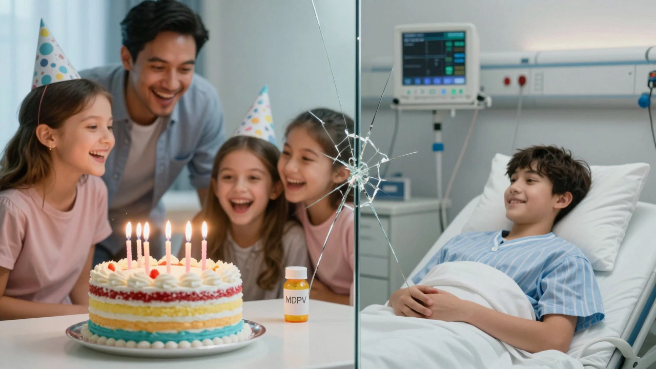 Split image: joyful birthday cake on one side, hospital scene on the other.