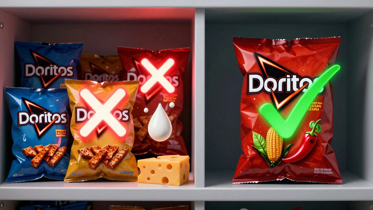 Split-screen showing non-vegan Doritos with red Xs and vegan Spicy Sweet Chili with green checkmark.