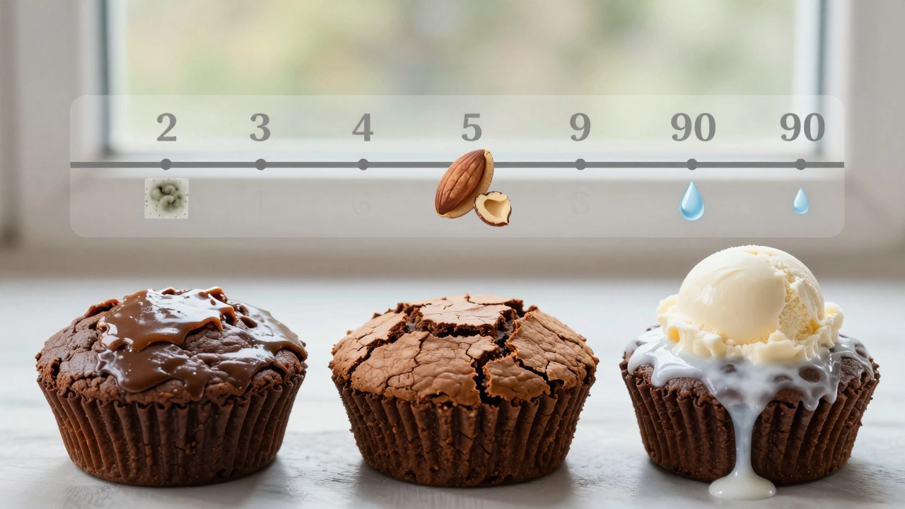 Three brownies at different stages: fresh, stale, and thawed from freezer with ice cream.