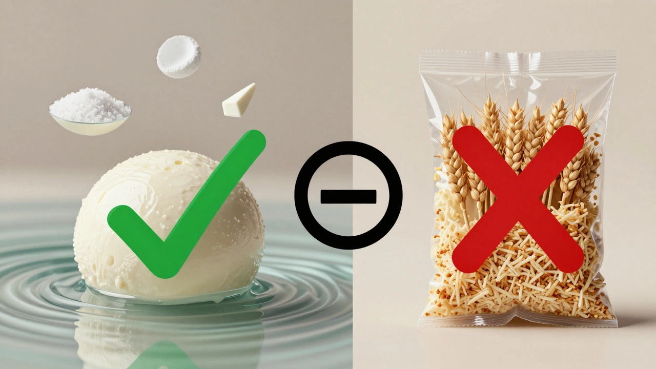 Two paths of mozzarella: plain safe cheese vs. processed with gluten-containing additives.