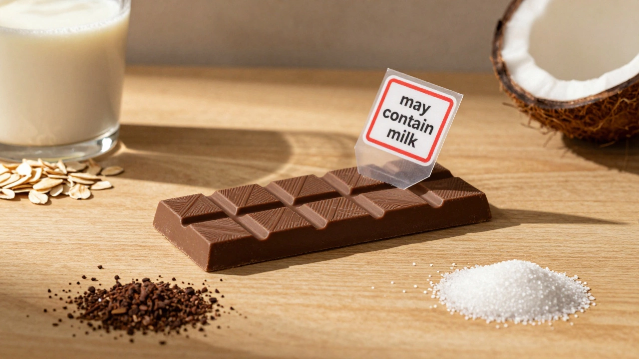 Vegan chocolate beside regular chocolate with plant-based alternatives scattered around.