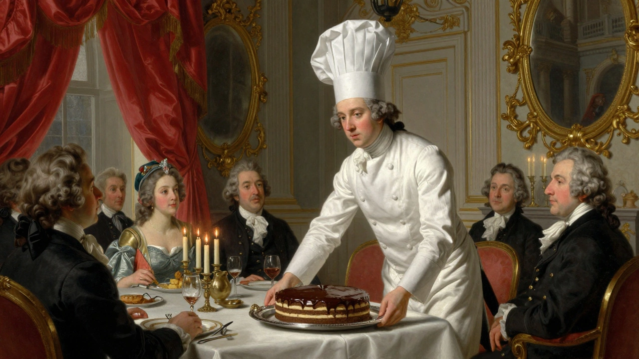 Young chef presenting the original Sachertorte to dignitaries in a grand 19th-century Viennese hall.