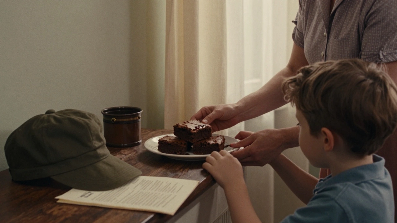 A 1940s home scene with a mother serving brownies beside a soldier's letter on the mantle.