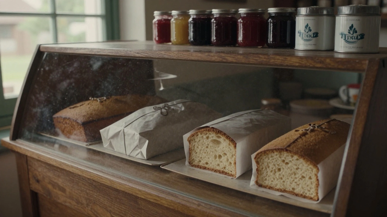 A bakery case with plain cakes wrapped in wax paper and jars of jam on display.