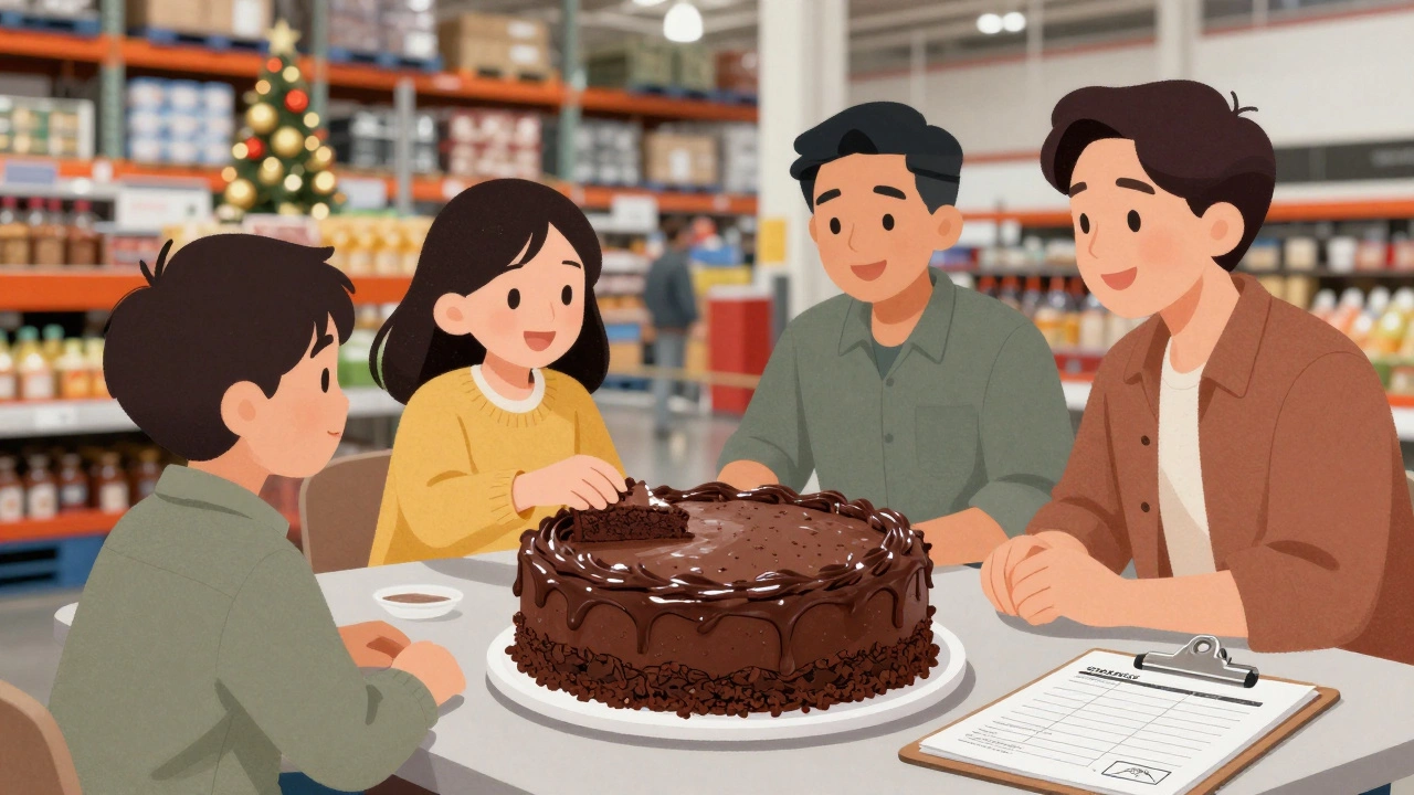 A family enjoying a large chocolate cake at a Costco food court table.