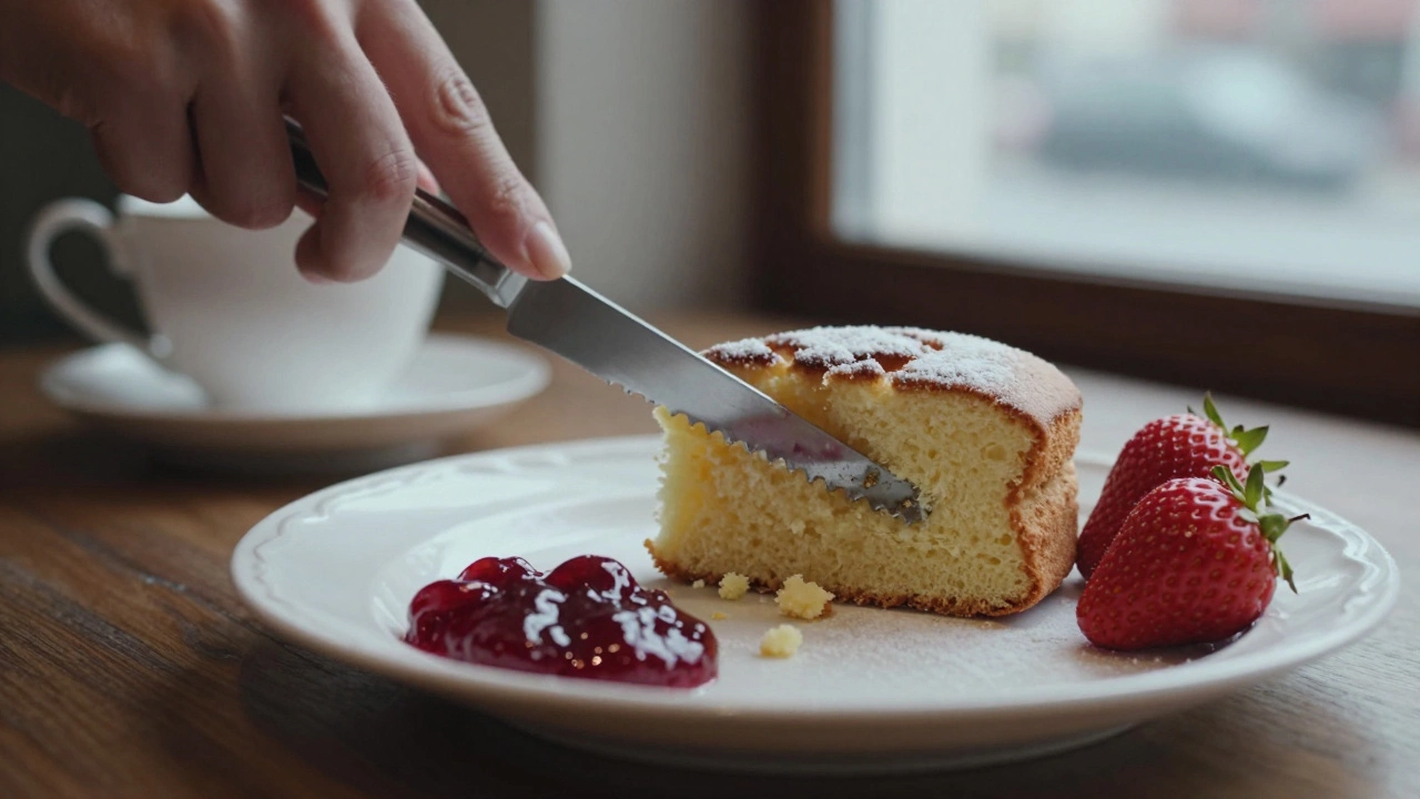 A knife slicing a sponge cake with jam and strawberries on a plate beside it.