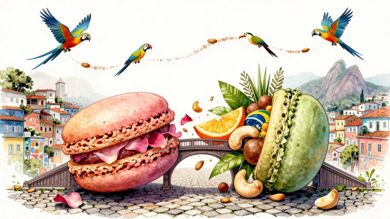 A macaron splitting into French and Brazilian elements, symbolizing cultural fusion with native fruits and birds.