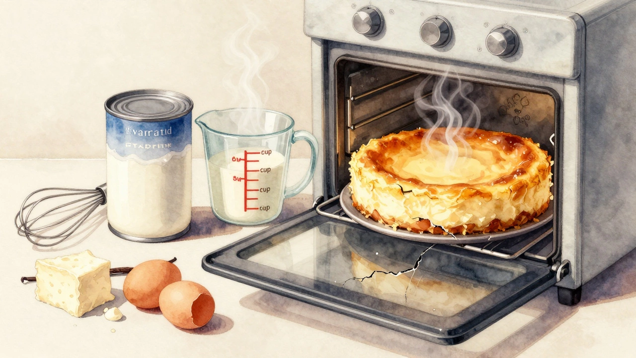 Can of evaporated milk beside baking tools with a cheesecake in the oven.