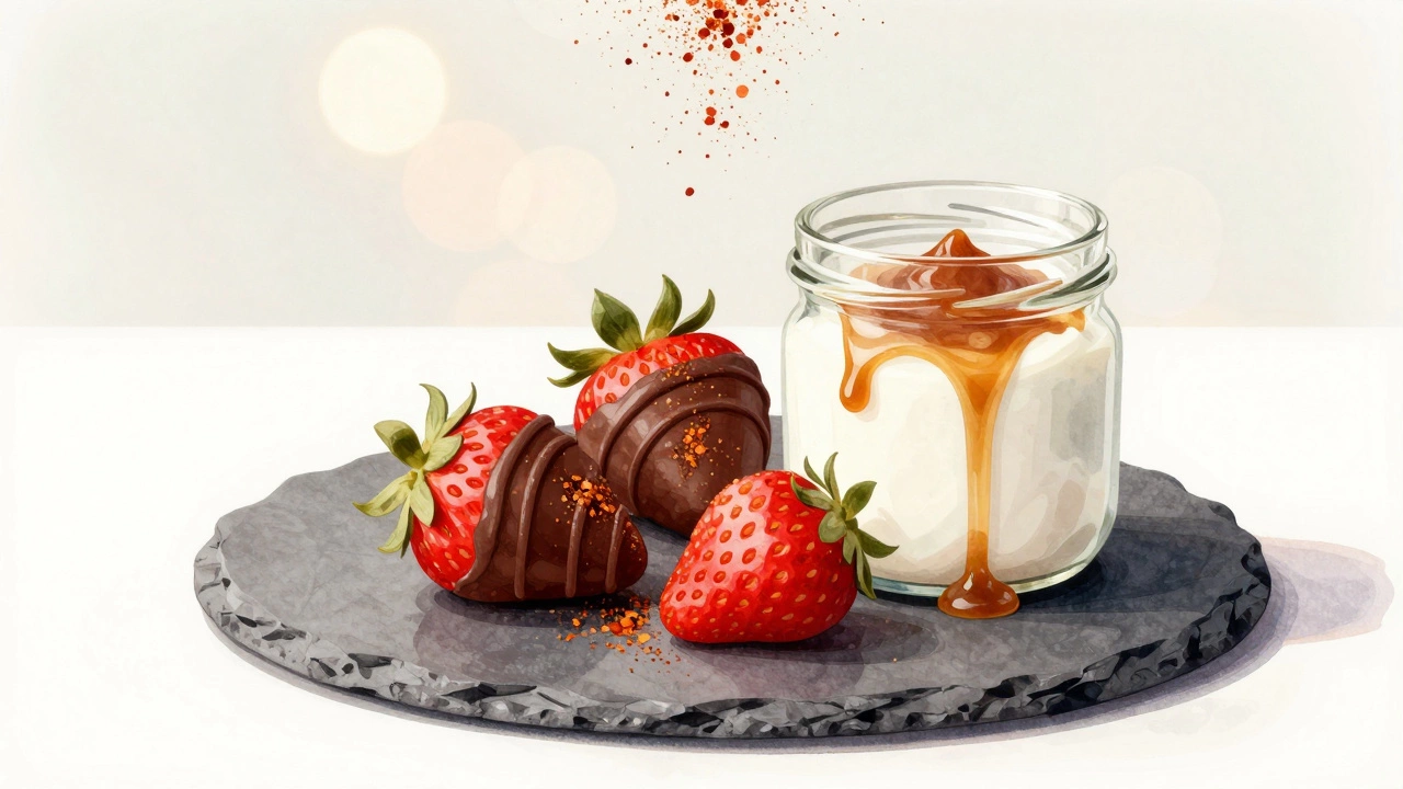 Chocolate-dipped strawberries coated in Tajin with coconut yogurt and caramel drizzle