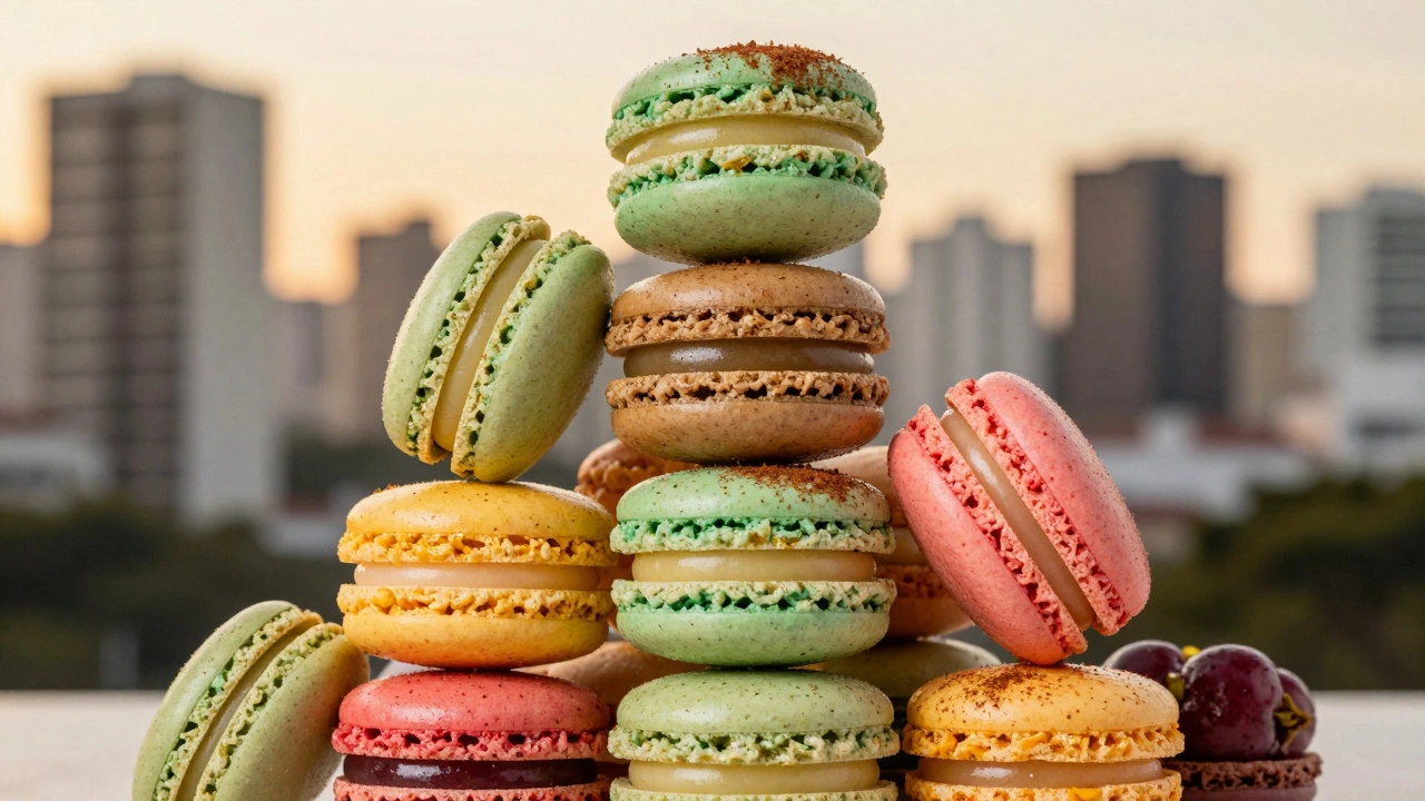 Colorful Brazilian macarons stacked high, featuring native flavors like tamarind and jabuticaba, against a sunset city backdrop.