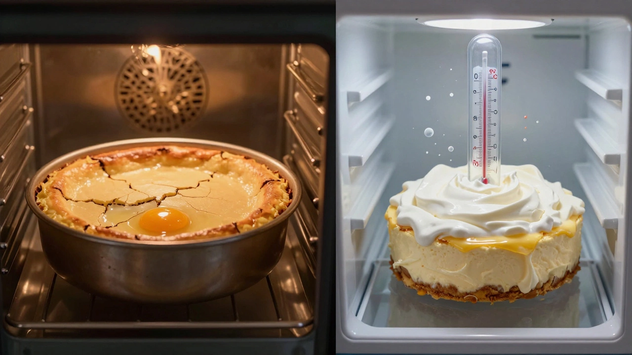 Dual image showing baked cheesecake setting in oven versus chilling in fridge with temperature labels.