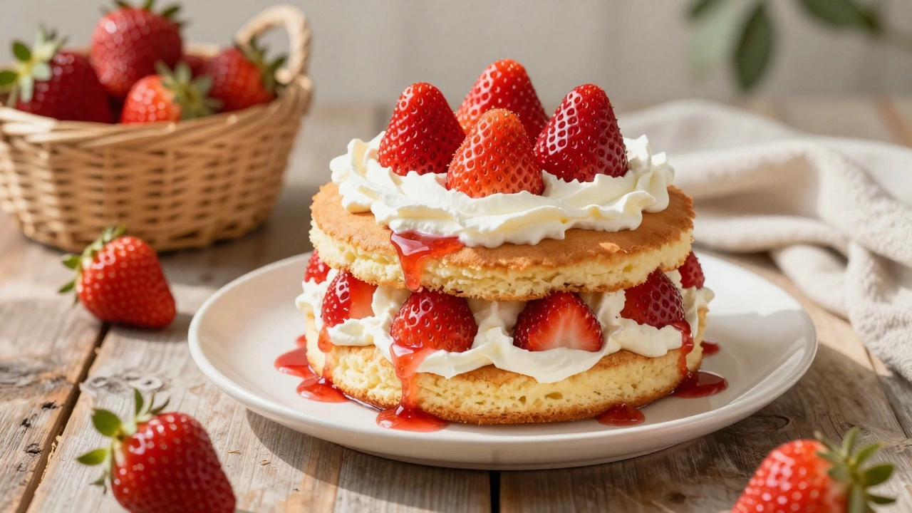 Fresh strawberry shortcake with whipped cream and ripe strawberries on a wooden table.
