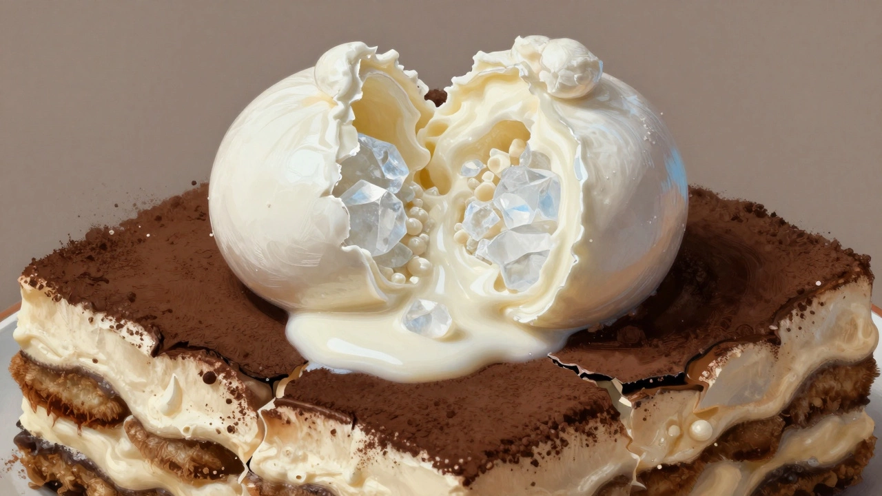 Frozen mozzarella cracking open, revealing ice crystals and a ruined tiramisu cream layer.