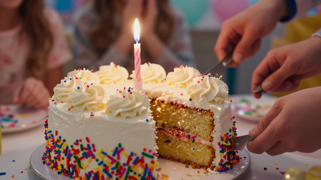 Funfetti cake with rainbow sprinkles and buttercream frosting, ready for birthday celebration.
