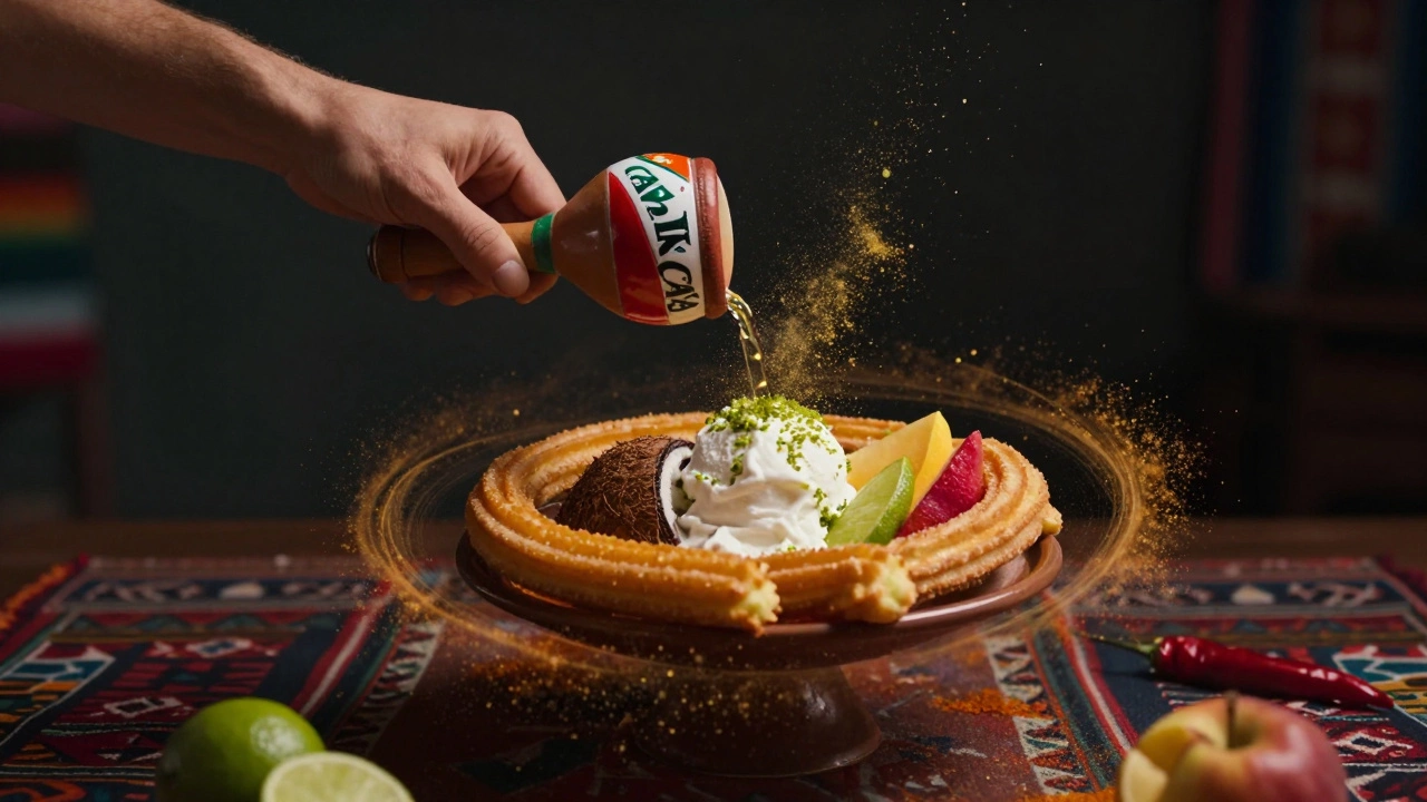 Hand shaking Tajin over floating vegan churros and fruit in a surreal scene