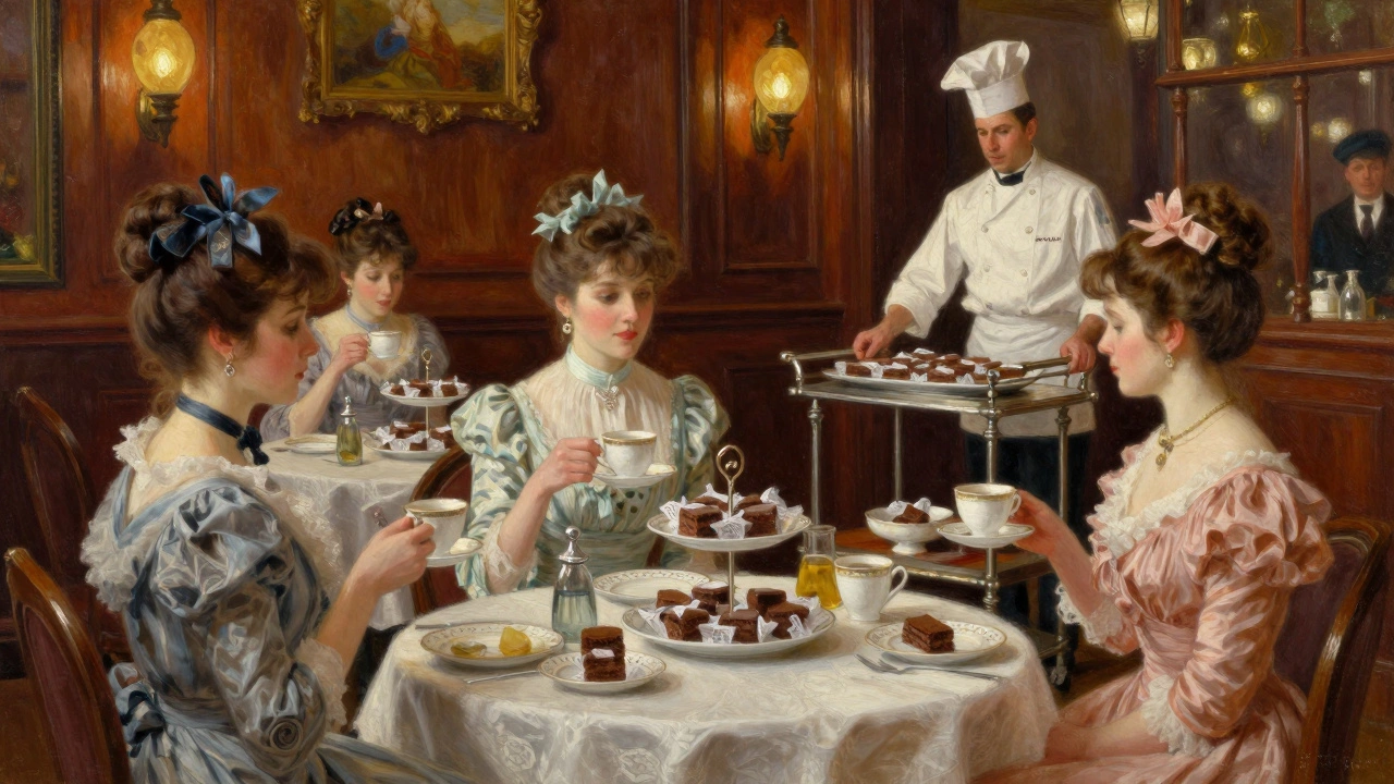 Ladies at a tea party in 1897 Chicago enjoying small chocolate brownies on lace doilies.